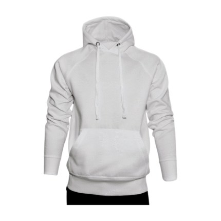 Klassisk hvit hettegenser i bomull med hette og kengurulomme foran, vist mot hvit bakgrunn.