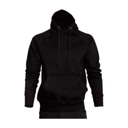 Klassisk svart hettegenser i bomull med hette og kengurulomme foran, vist mot hvit bakgrunn.