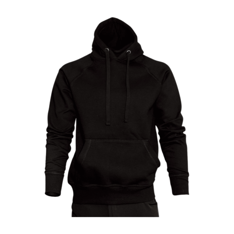 Klassisk svart hettegenser i bomull med hette og kengurulomme foran, vist mot hvit bakgrunn.