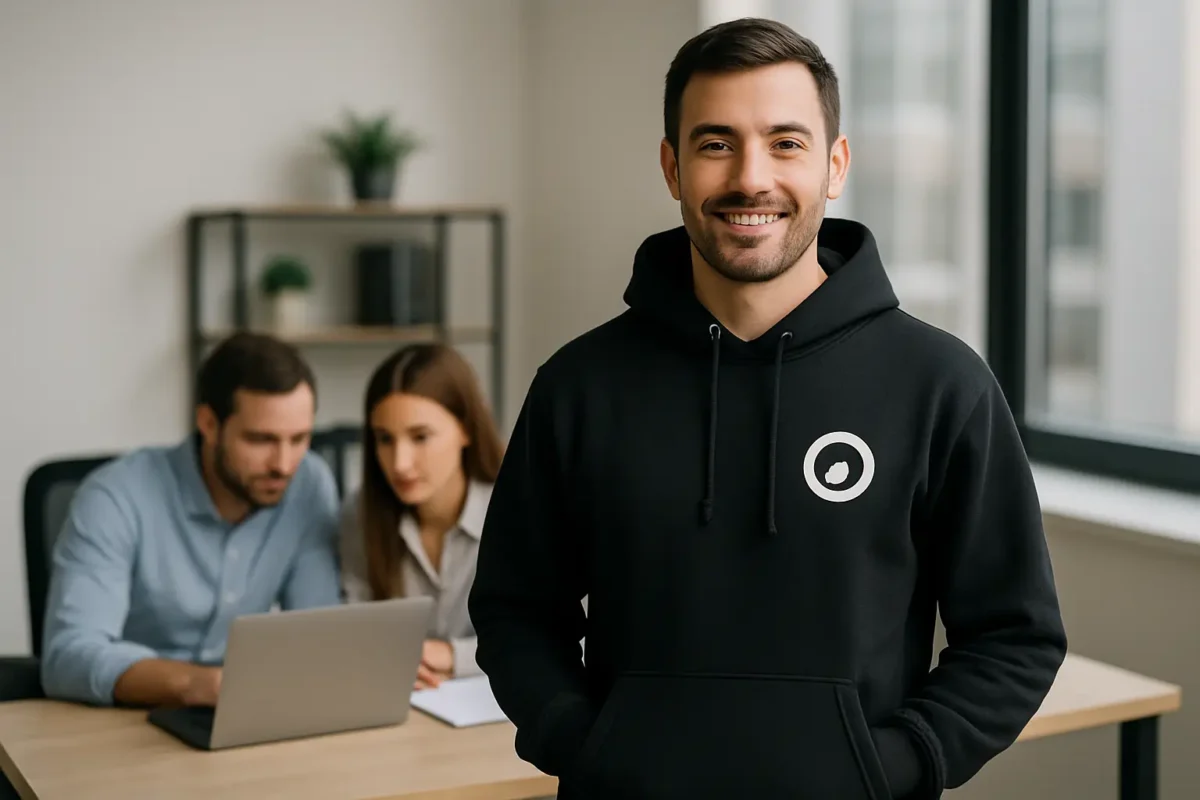 Hettegenser med trykk til bedrift som faktisk brukes